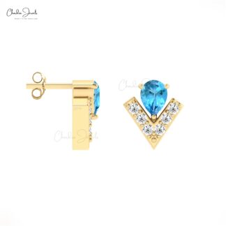 Solid 14k Gold Dainty Studs With Prong Set 4x3mm Blue Topaz And Small Diamond Women Earrings