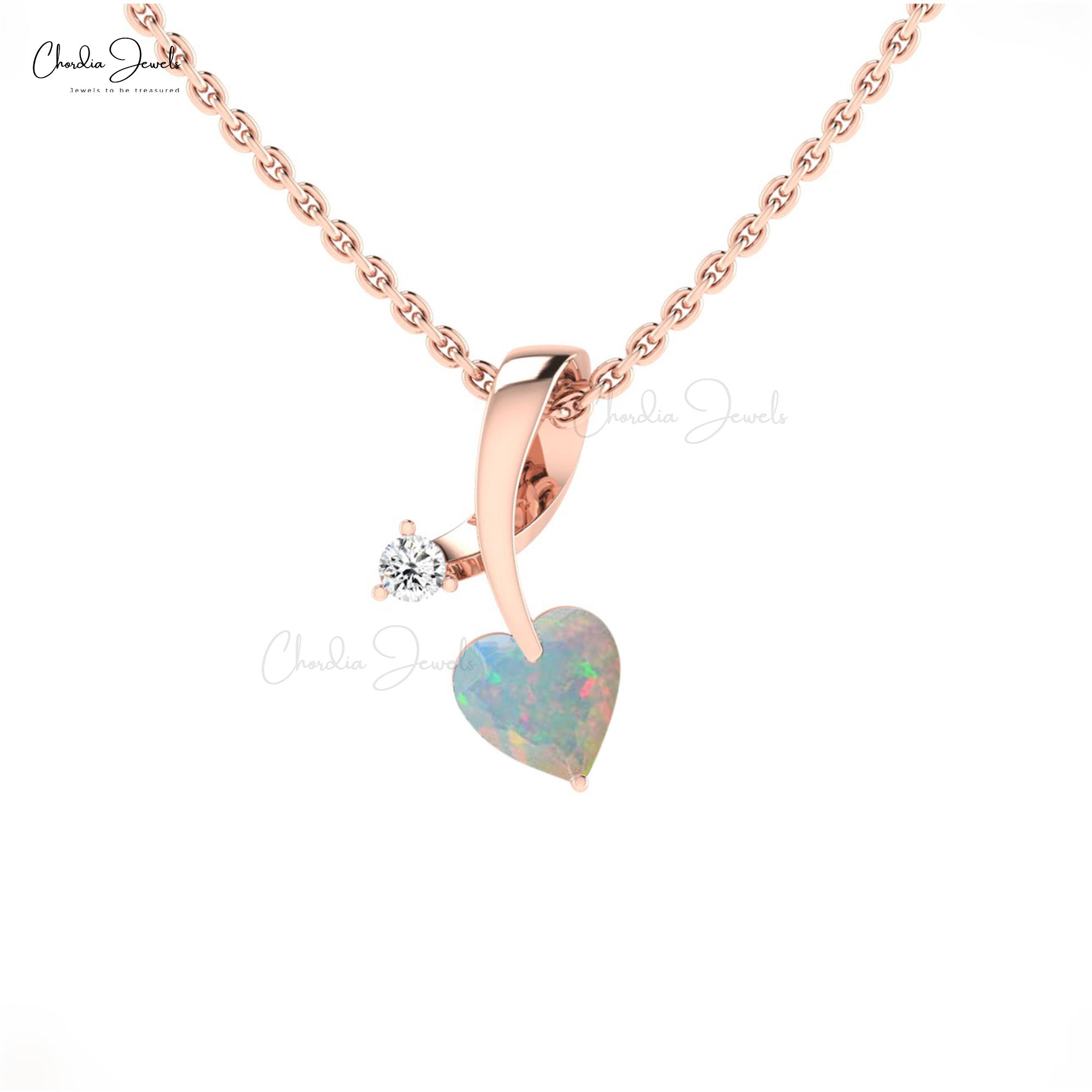 Unique Twisted Diamond Pendant In 14k Real Gold With 5mm Heart Opal Women Necklace