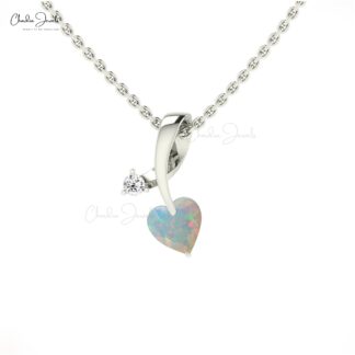 Unique Twisted Diamond Pendant In 14k Real Gold With 5mm Heart Opal Women Necklace