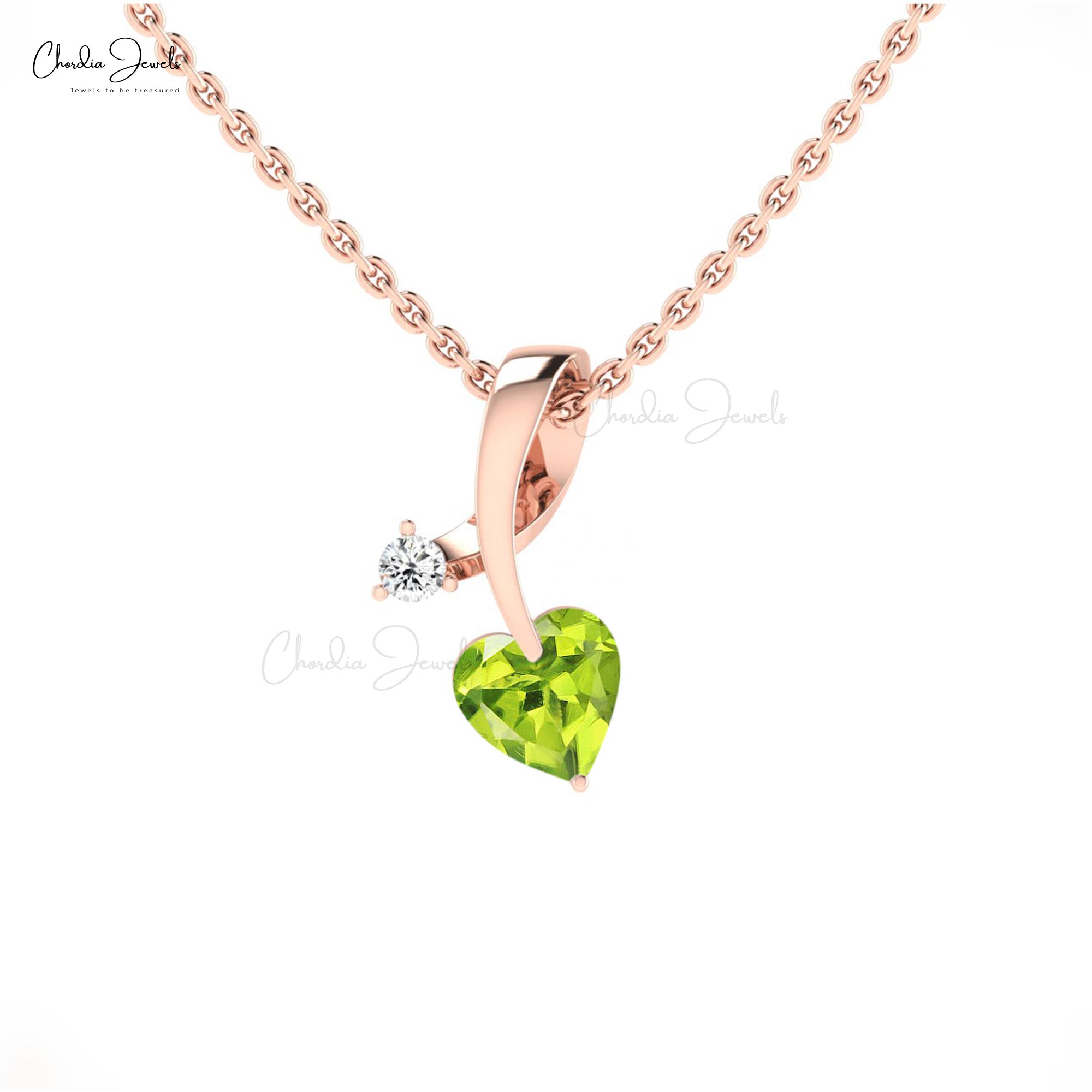 Dual Stone Curve Pendant in 14k Solid Gold With Heart Peridot Diamond Studded Pendant