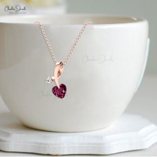 Pure 14k Gold Twisted Pendant With 0.42 Ct Rhodolite Garnet Diamond 2 Stone Necklace