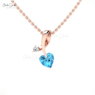 AAA Heart Swiss Blue Topaz Pendant In 14k Solid Gold Twisted Diamond Hallmark Jewelry