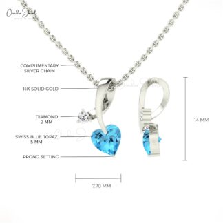 AAA Heart Swiss Blue Topaz Pendant In 14k Solid Gold Twisted Diamond Hallmark Jewelry