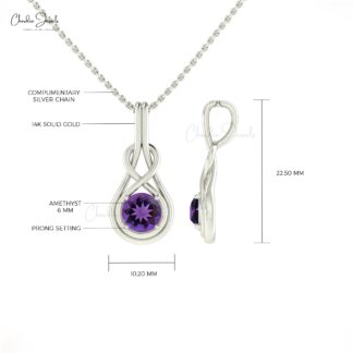 Real 14k Gold Solitaire Pendant with 6mm Amethyst February Birthstone Infinity Necklace