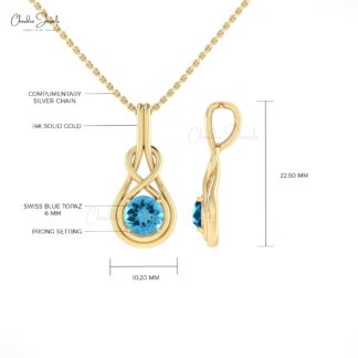 Brilliant Cut Infinity Pendant With 0.74 Ct Swiss Blue Topaz Solitaire Necklace In 14k Gold