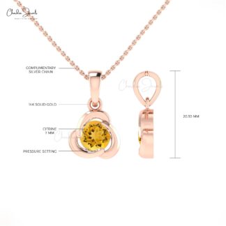 Round Cut Solitaire Charm With 7mm Citrine Gemstone 14k Real Gold Dangle Pendant