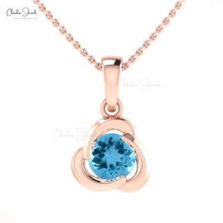 Solitaire Swiss Blue Topaz Pendant In Real 14k Gold Gemstone Dangle Fine Jewelry