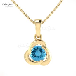 Solitaire Swiss Blue Topaz Pendant In Real 14k Gold Gemstone Dangle Fine Jewelry