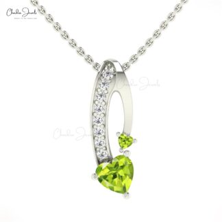 Solid 14k Gold Curved Pendant With 6mm Peridot And Pave Diamond Pendant Necklace For Wife
