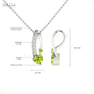 Solid 14k Gold Curved Pendant With 6mm Peridot And Pave Diamond Pendant Necklace For Wife