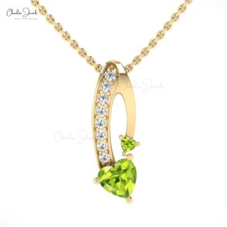 Solid 14k Gold Curved Pendant With 6mm Peridot And Pave Diamond Pendant Necklace For Wife