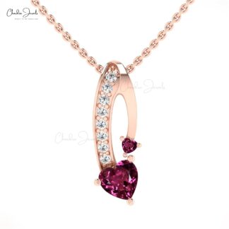 Solid 14k Gold Twisted Pendant With Heart Shape 6mm Rhodolite Garnet And Diamond Necklace