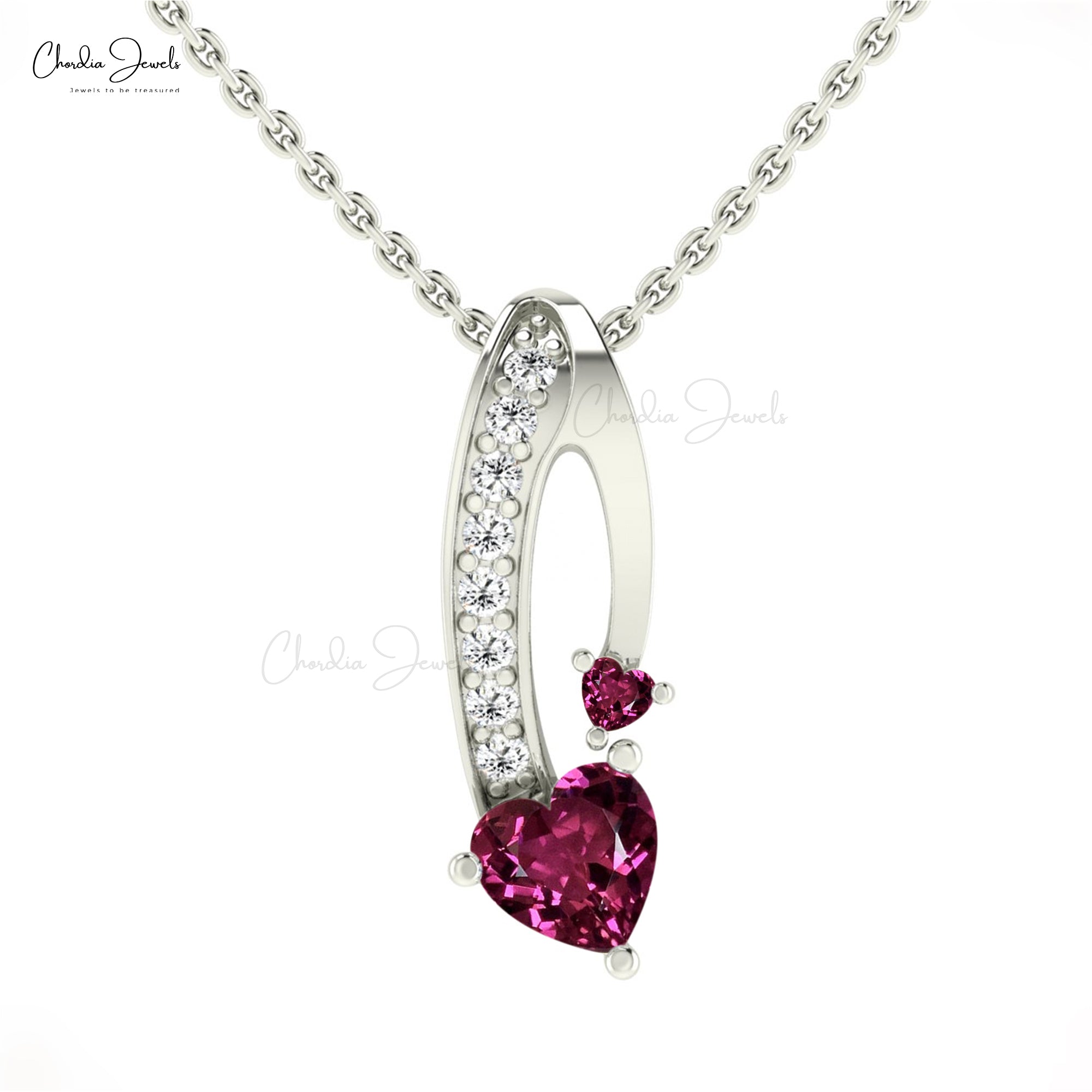 Solid 14k Gold Twisted Pendant With Heart Shape 6mm Rhodolite Garnet And Diamond Necklace