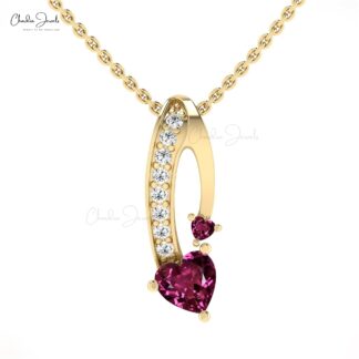 Solid 14k Gold Twisted Pendant With Heart Shape 6mm Rhodolite Garnet And Diamond Necklace