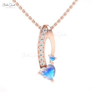 Heart Twisted Pendant With 0.78 Ct Moonstone And Diamond Bar 14k Real Gold Necklace