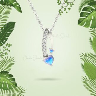 Heart Twisted Pendant With 0.78 Ct Moonstone And Diamond Bar 14k Real Gold Necklace