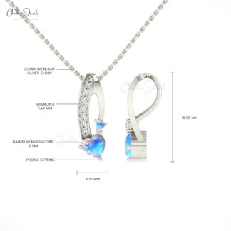 Heart Twisted Pendant With 0.78 Ct Moonstone And Diamond Bar 14k Real Gold Necklace