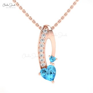 Curved Heart Cut Pendant In 14k Real Gold Swiss Blue Topaz And Diamond Twisted Necklace