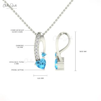 Curved Heart Cut Pendant In 14k Real Gold Swiss Blue Topaz And Diamond Twisted Necklace