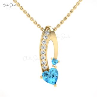 Curved Heart Cut Pendant In 14k Real Gold Swiss Blue Topaz And Diamond Twisted Necklace