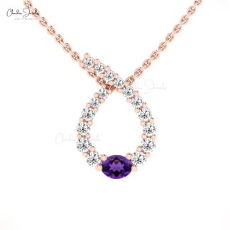 Solid 14k Gold Twisted Pendant With 0.19 TCW Amethyst And Small Diamond Curved Necklace
