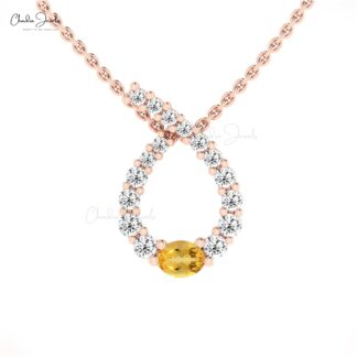 Diamond Twisted Pendant With 0.19 Ct Oval Citrine Prong Set In 14k Gold Curved Necklace