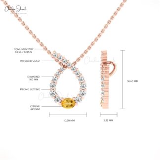 Diamond Twisted Pendant With 0.19 Ct Oval Citrine Prong Set In 14k Gold Curved Necklace