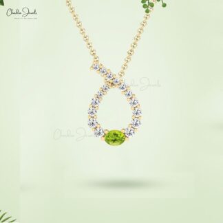 Real 14k Gold Twisted Pendant With 4x3mm Oval Peridot & Diamond Women Pendant