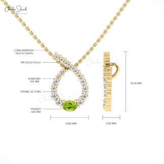 Real 14k Gold Twisted Pendant With 4x3mm Oval Peridot & Diamond Women Pendant