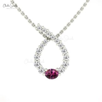 Two Birthstone Curved Pendant With 4x3mm Rhodolite Garnet And Diamond 14k Gold Pendants