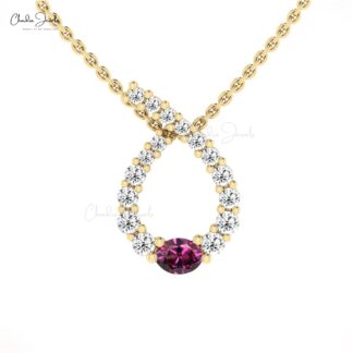 Two Birthstone Curved Pendant With 4x3mm Rhodolite Garnet And Diamond 14k Gold Pendants