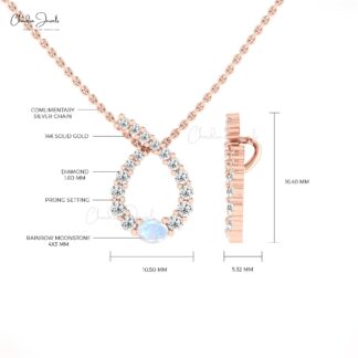 Pure 14k Gold Twisted Pendant In 4x3mm Rainbow Moonstone And Diamond Unique Jewelry
