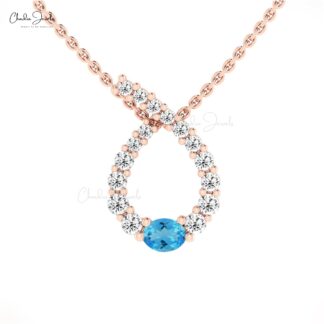 Twisted Diamond Curve Pendant With 4x3mm Swiss Blue Topaz 14k Solid Gold Women Necklace