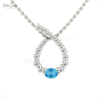 Twisted Diamond Curve Pendant With 4x3mm Swiss Blue Topaz 14k Solid Gold Women Necklace