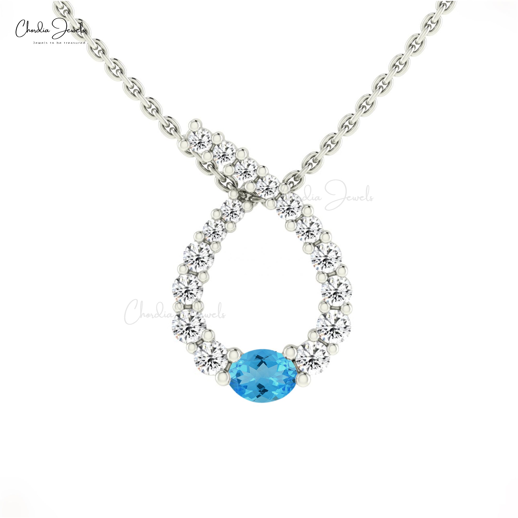 Twisted Diamond Curve Pendant With 4x3mm Swiss Blue Topaz 14k Solid Gold Women Necklace