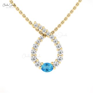 Twisted Diamond Curve Pendant With 4x3mm Swiss Blue Topaz 14k Solid Gold Women Necklace