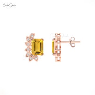 Natural Citrine Statement Stud With 2 Ct Gemstone And Diamond Earrings In 14k Real Gold