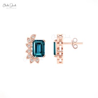 Delicate Statement Earrings In Solid 14k Gold London Blue Topaz & Diamond Push Back Studs