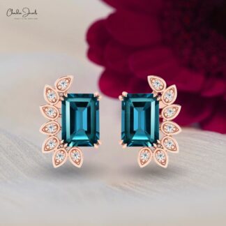Delicate Statement Earrings In Solid 14k Gold London Blue Topaz & Diamond Push Back Studs