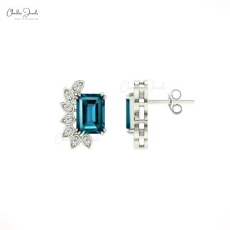 Delicate Statement Earrings In Solid 14k Gold London Blue Topaz & Diamond Push Back Studs