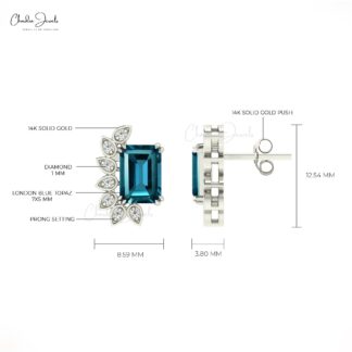 Delicate Statement Earrings In Solid 14k Gold London Blue Topaz & Diamond Push Back Studs
