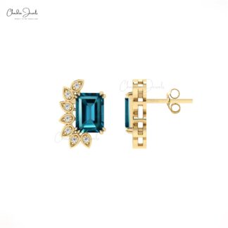 Delicate Statement Earrings In Solid 14k Gold London Blue Topaz & Diamond Push Back Studs