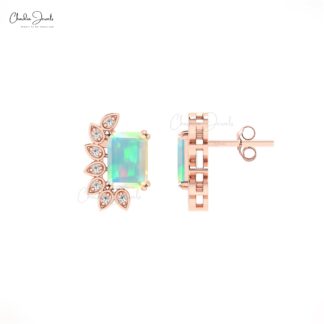 Octagon Fire Opal Statement Studs In Solid 14k Gold G-H Diamond Wings Bridal Earrings