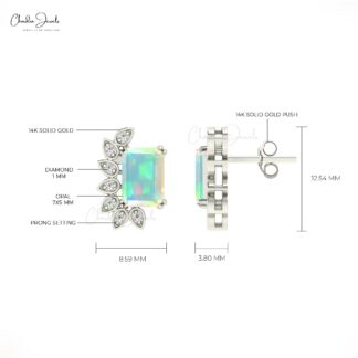 Octagon Fire Opal Statement Studs In Solid 14k Gold G-H Diamond Wings Bridal Earrings
