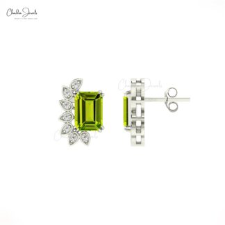 Solid 14k Gold Statement Studs With 7x5mm Green Peridot And Diamond Earrings For Women
