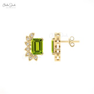 Solid 14k Gold Statement Studs With 7x5mm Green Peridot And Diamond Earrings For Women
