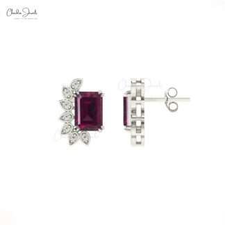 Diamond Wings Earrings In 14k Pure Gold Rhodolite Garnet 5x3mm Gemstone Statement Studs