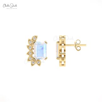 Statement Wedding Earrings with 2 Ct Moonstone And Diamond 14k Real Gold Wings Studs
