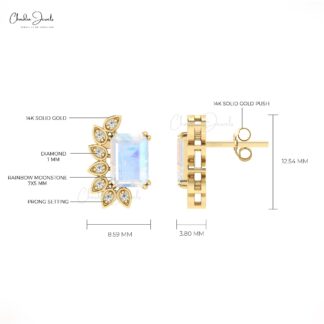 Statement Wedding Earrings with 2 Ct Moonstone And Diamond 14k Real Gold Wings Studs