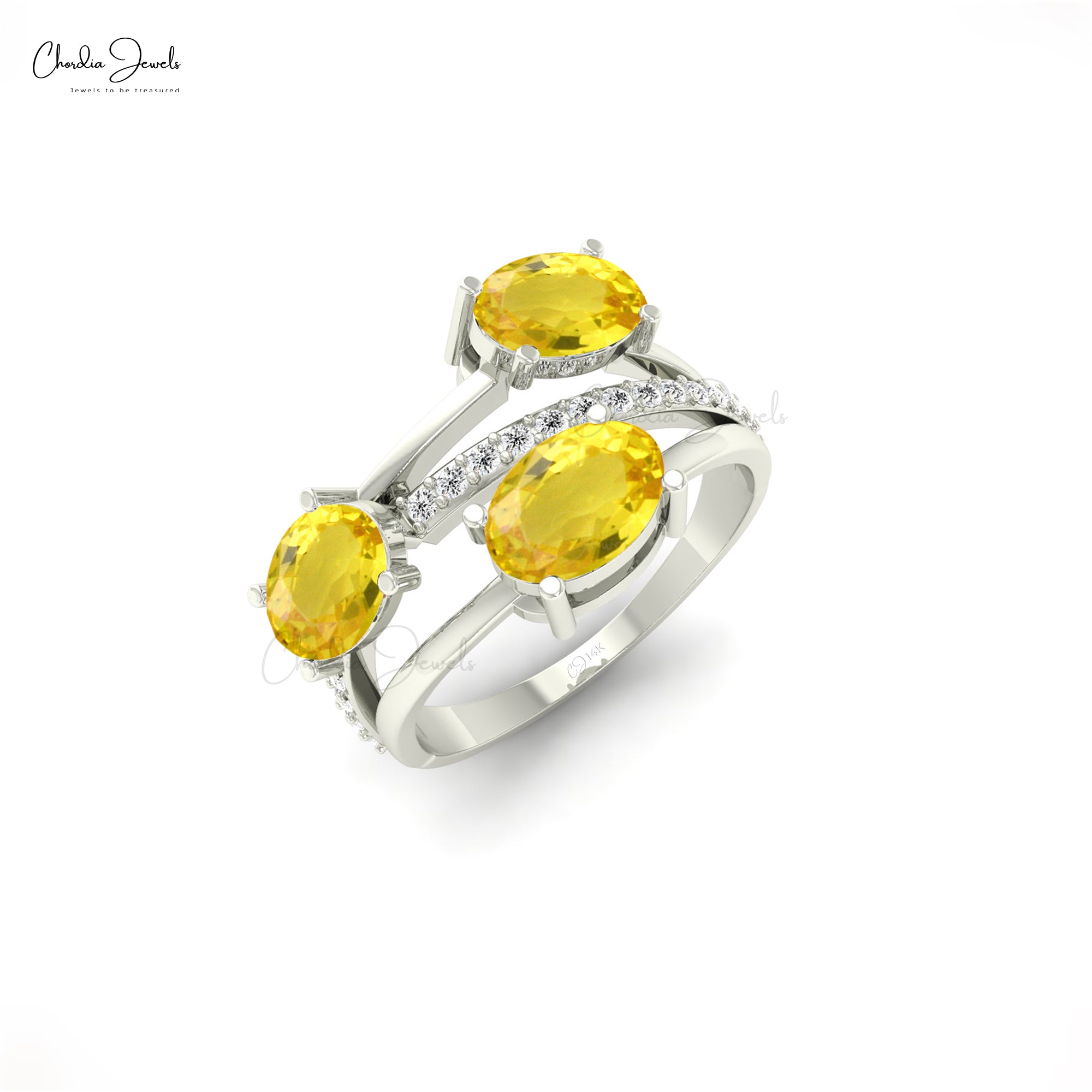 Three Stone Ring With 2.2 CTW Yellow Sapphire And Pave Diamond 14k Solid Gold Wedding Ring